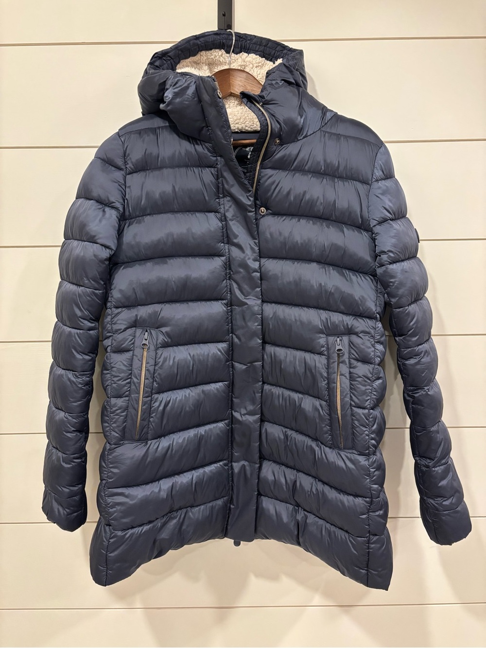 Save the Duck Faux Shearling Lined Women’s Navy Quilted Hooded Puffer Jacket M/L